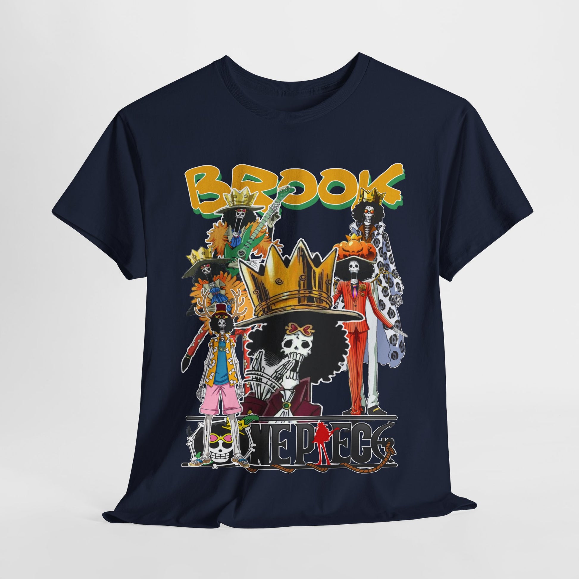 Stylish front view of a navy t-shirt embellished with a vibrant array of Brook characters, perfectly combining comfort and eye-catching design for anime lovers.