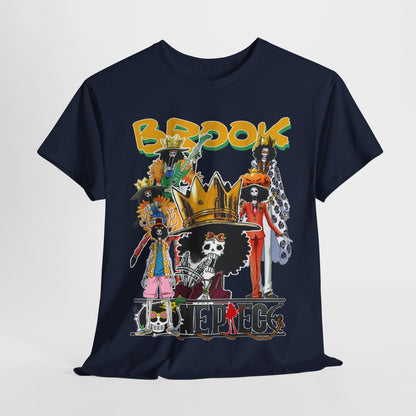 Stylish front view of a navy t-shirt embellished with a vibrant array of Brook characters, perfectly combining comfort and eye-catching design for anime lovers.
