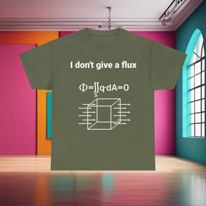 Olive I Don't Give a Flux Physicists Graphic T-Shirt combining comfort and intellect, illustrating the equation Φ=∫∫q·dA=0 with a chic cube graphic.