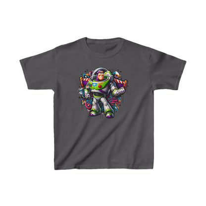 Childs Buzz Lightyear Graffiti Unisex Graphic Tee Shirt Kids in stylish charcoal grey, showcasing an eye-catching Buzz Lightyear graphic in a creative art style ideal for adventurous spirits.