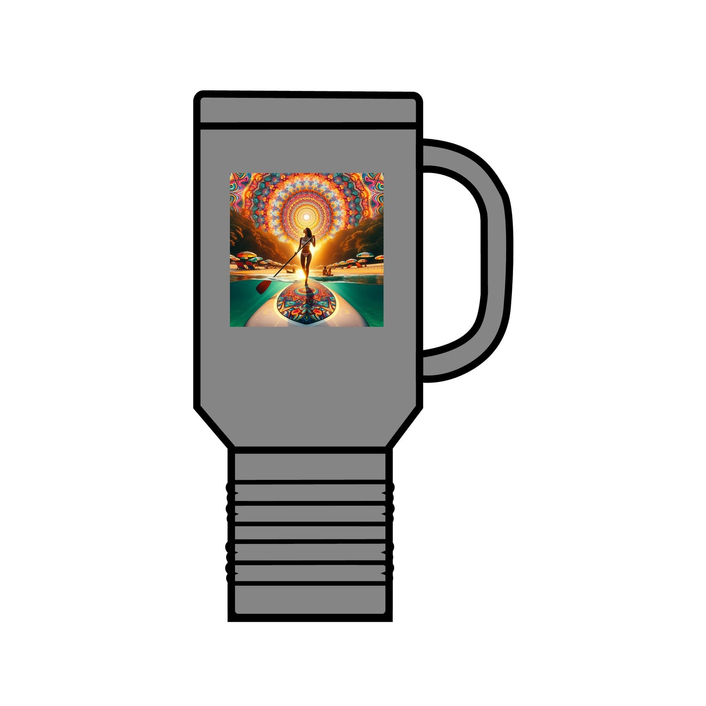 Fantasy Paddleboarding 40oz Insulated Travel Mug in elegant grey, featuring striking paddleboarding art, ideal for keeping drinks hot or cold on adventurous journeys.