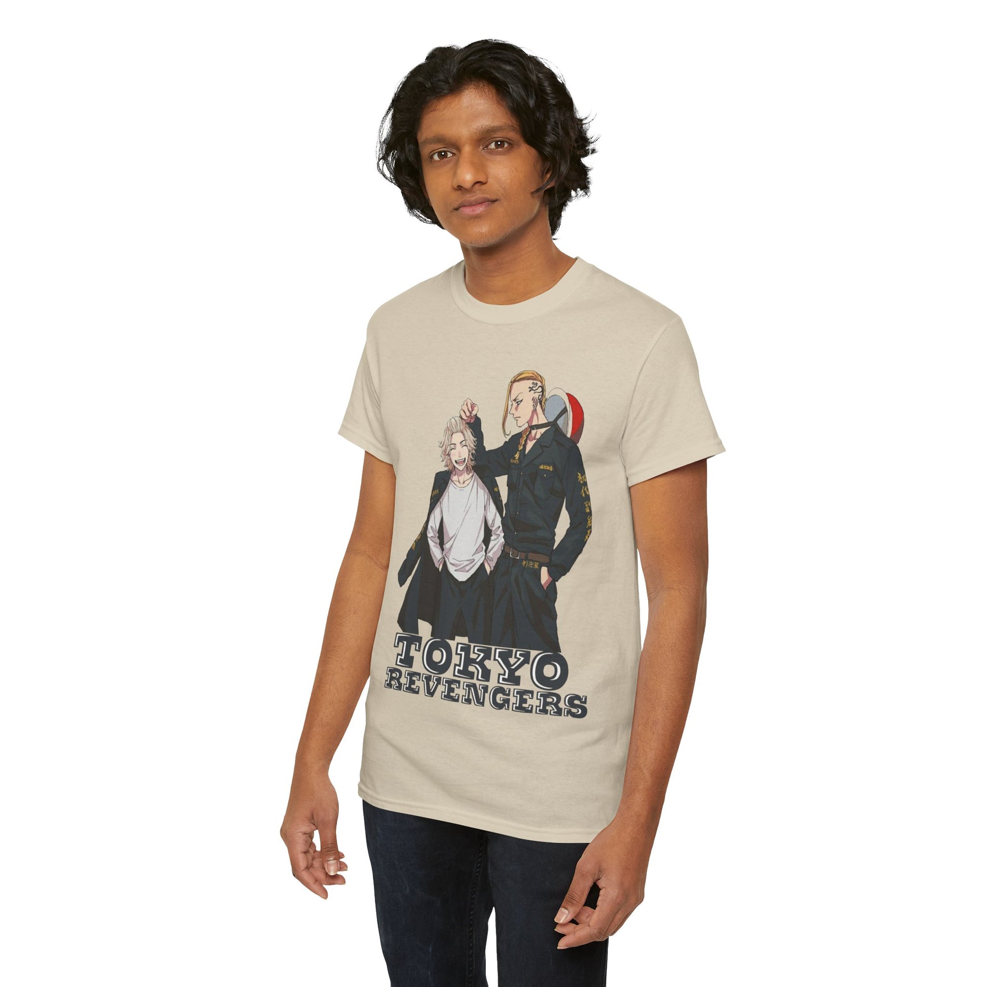 Stylish Tokyo Revengers anime t-shirt for men, featuring an artistic graphic of two male characters, perfect for urban streetwear fashion.