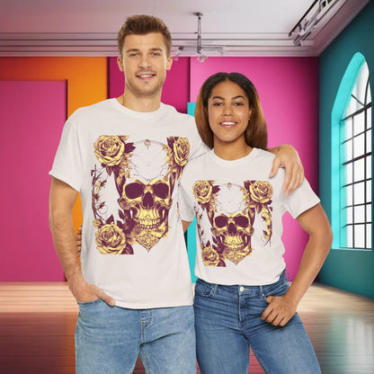 Stylish couple wearing Skulls and Roses Cotton Tee, Unisex Graphic Shirt in a vibrant indoor setting. This premium graphic tee features a unique steampunk-inspired skull and rose design, available in multiple colours to suit diverse tastes.