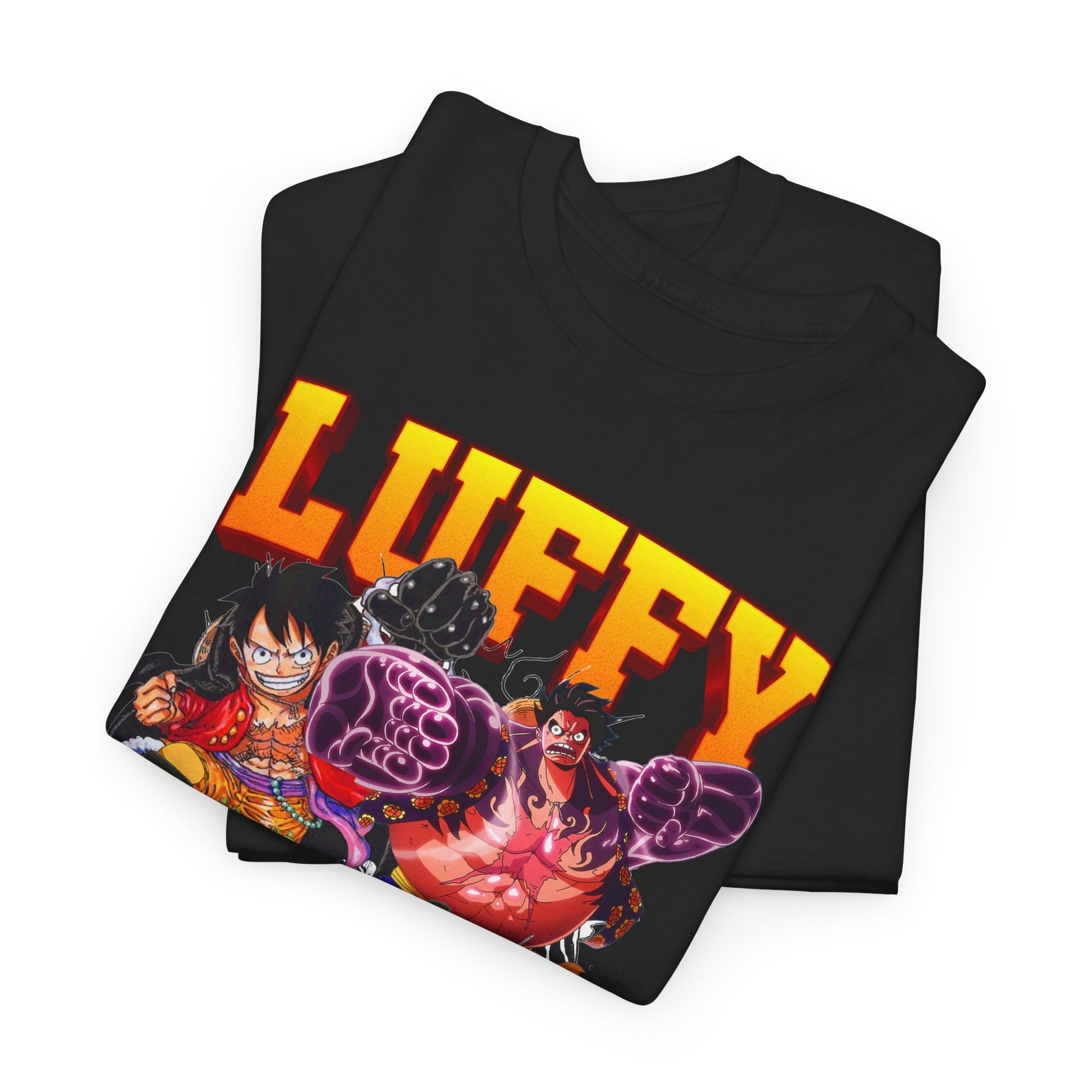 High-quality folded t-shirt displaying a bold Luffy graphic from One Piece, designed for comfort and fashion.