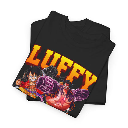 High-quality folded t-shirt displaying a bold Luffy graphic from One Piece, designed for comfort and fashion.
