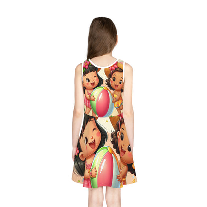 Delicate details of the Bella Buttonsmith Girls Fruit Fun Sundress showcasing joyous summer fruit illustrations, crafted by Dazzling Dreams Studio for the utmost comfort and elegance.