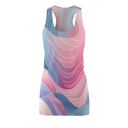 Serena Valentina Contemporary Racerback Dress featuring a vibrant pastel abstract art design, showcasing a stylish blend of pink, lavender, and blue hues, ideal for feminine elegance.