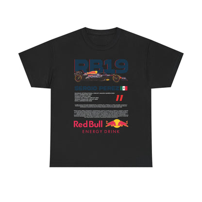 Men's Red Bull RB19 F1 Racing Tee in black, featuring bold Sergio Perez graphics and a striking racing car design, perfect for motorsport enthusiasts.