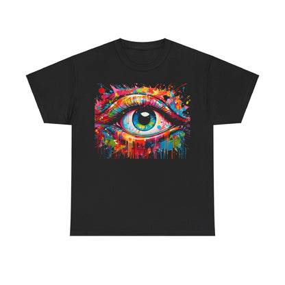 Visionary Drip Graffiti Graphic Unisex T Shirt Tee showcasing a striking eye graphic filled with colourful paint drips on a classic black tee, perfect for bold fashion statements.