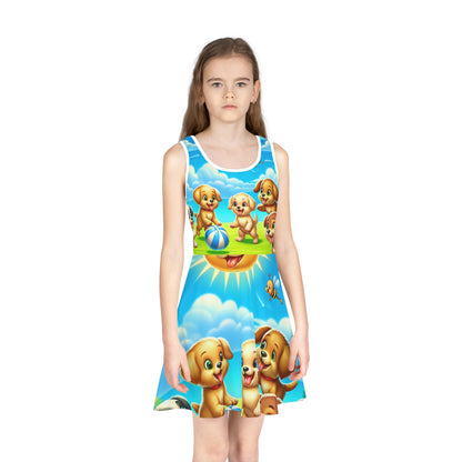 Dazzling Dreams AOP Pencil Skirt for Girls showcasing playful puppies and summer vibes; a young girl models the vibrant skirt with a charming print of adorable puppies engaged in a sunny outdoor setting.