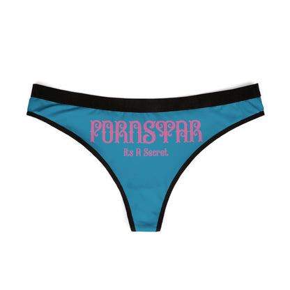 Elegant turquoise thong with stylish black trim, prominently displaying the daring 'PORNSTAR: It's a Secret' graphic, perfect for chic lingerie collections.