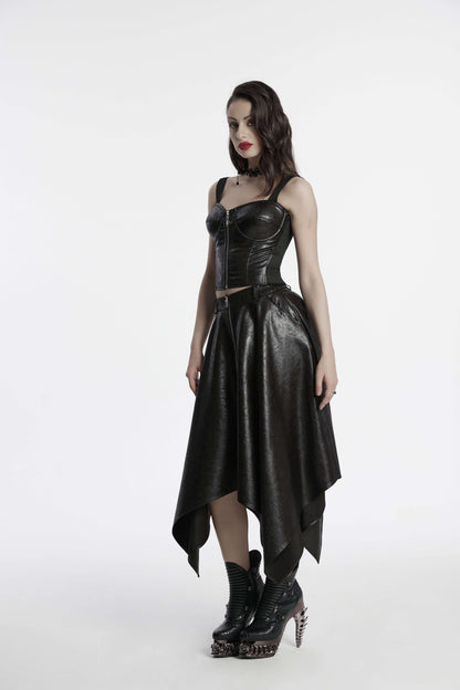 Close-up view of the Punk Rave Myra faux leather skirt showcasing the high-quality twill fabric and sleek front metal zipper, adding a touch of sophistication.