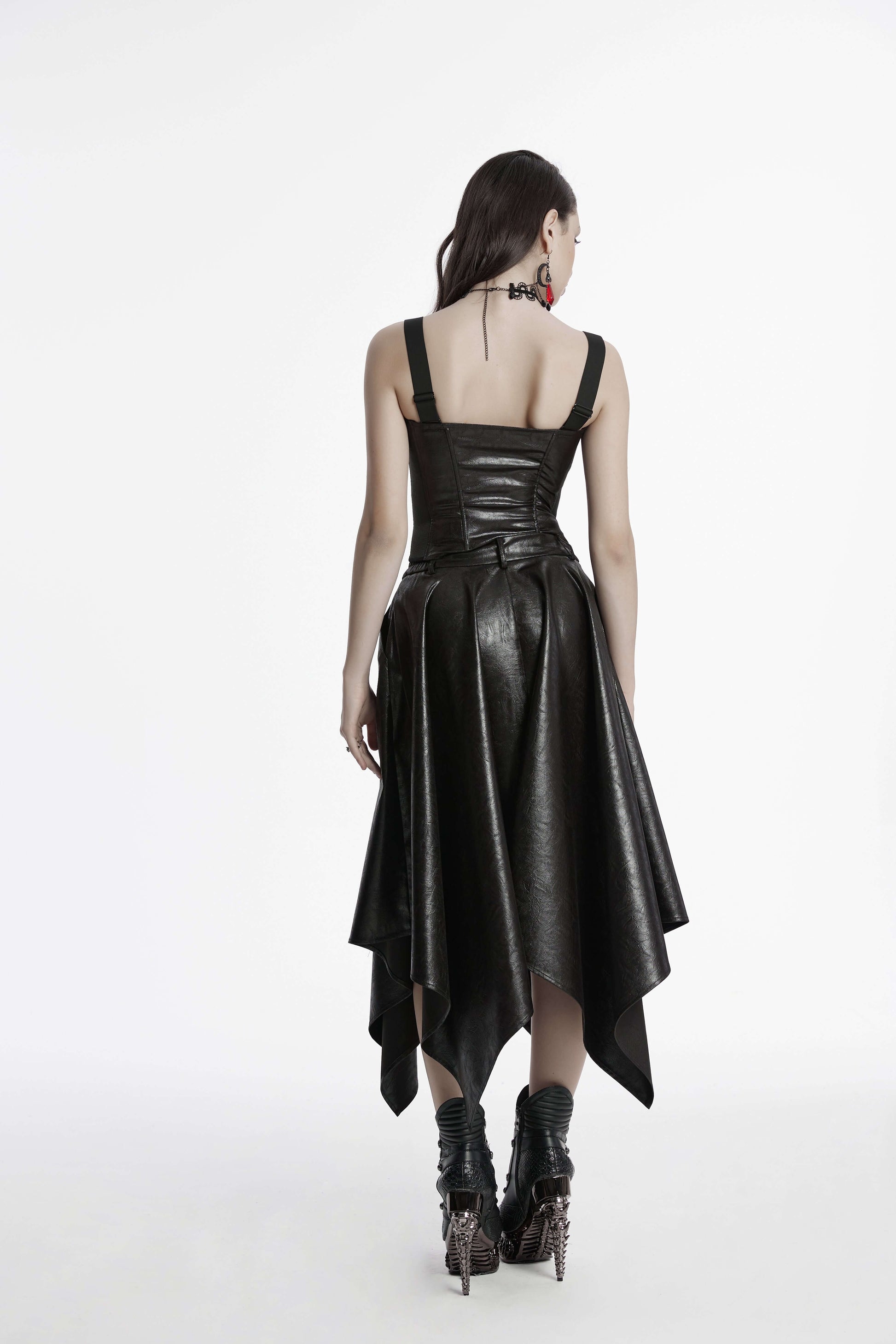 Side angle of Punk Rave Myra faux leather skirt highlighting the flattering fit and artistic irregular hem, ideal for modern fashion enthusiasts.