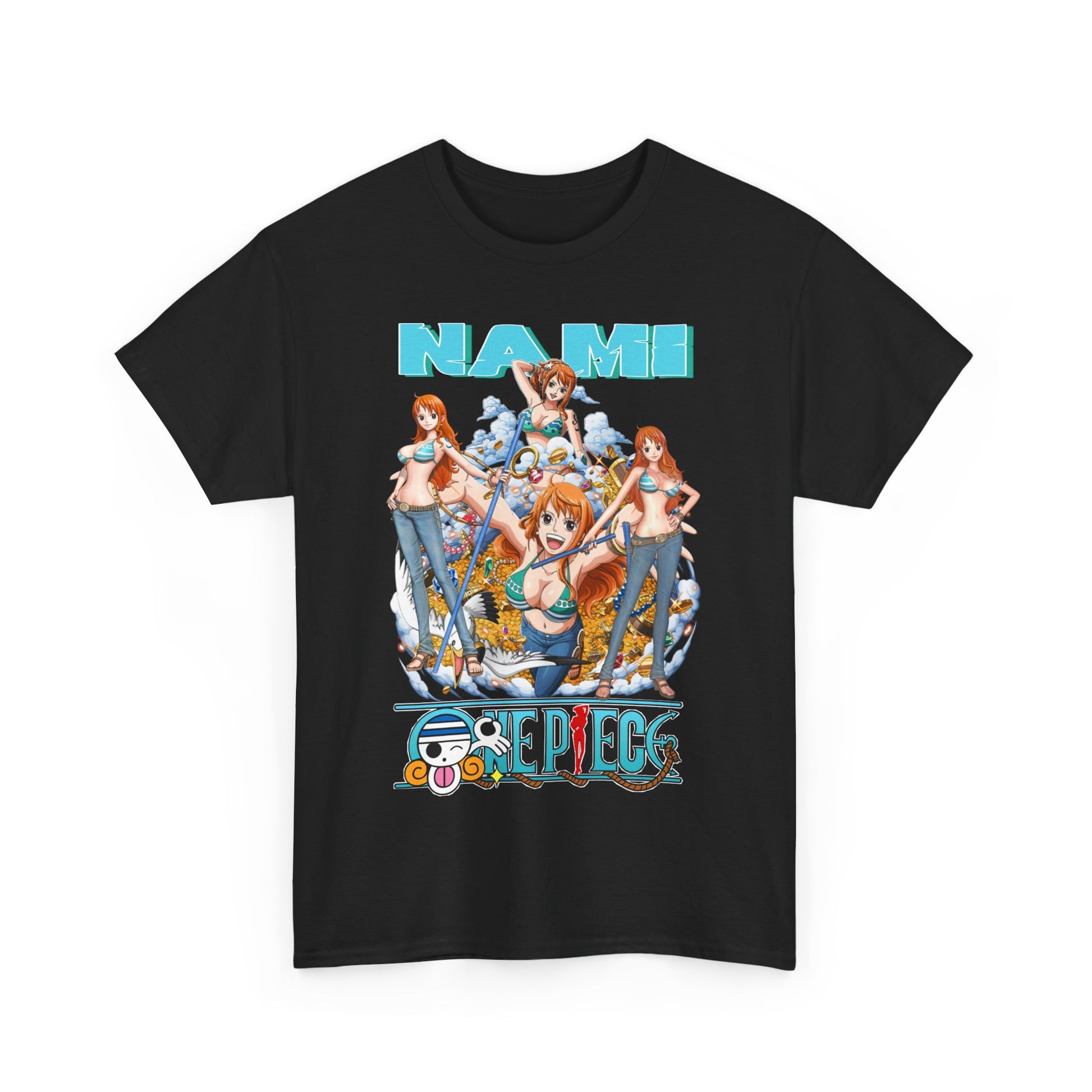 Luxury black men's t-shirt featuring a vibrant Nami graphic from One Piece, showcasing multiple artistic representations of the character in a stylish teal bikini top, making it a perfect statement piece for anime enthusiasts.