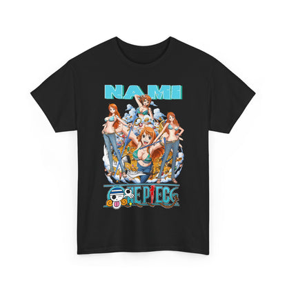 Luxury black men's t-shirt featuring a vibrant Nami graphic from One Piece, showcasing multiple artistic representations of the character in a stylish teal bikini top, making it a perfect statement piece for anime enthusiasts.