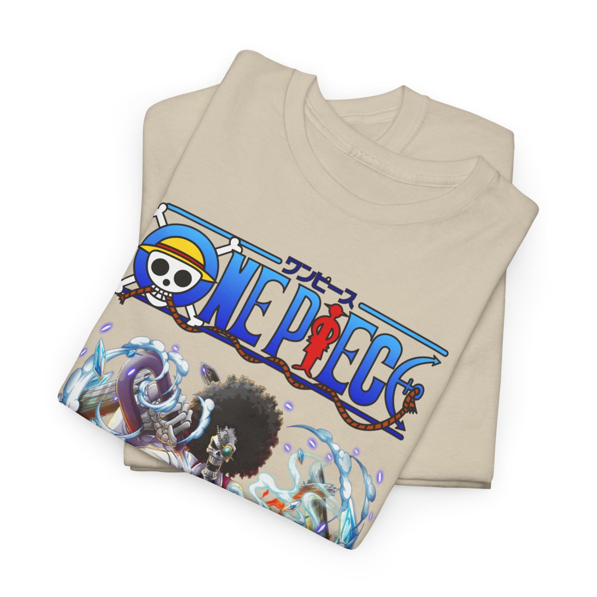Stylish beige t-shirts featuring vibrant 'One Piece' branding and sophisticated illustrations, perfect for anime fans.