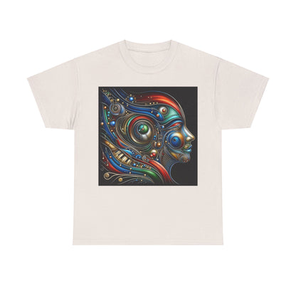 Stained Glass Dreams Unisex T-Shirt in light cream, featuring an exquisite design of a human face with colourful abstract elements, perfect for those who appreciate luxurious and unique fashion.