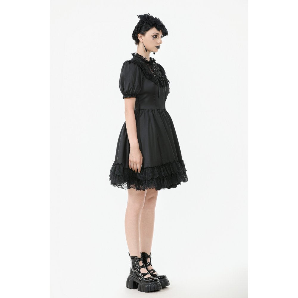 Elegant black gothic dress by Dark in Love featuring a high lace collar and puff sleeves, embodying gothic romance.