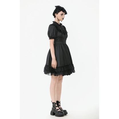 Elegant black gothic dress by Dark in Love featuring a high lace collar and puff sleeves, embodying gothic romance.
