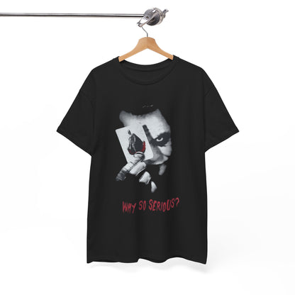 Refined black t-shirt designed with a sleek image of the Joker holding a playing card, complemented by the text 'WHY SO SERIOUS?' in bold red, ideal for a sophisticated and humorous flair in casual attire.