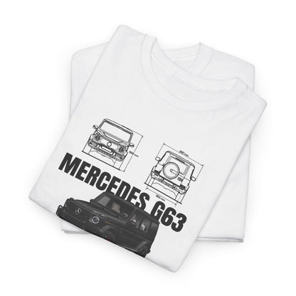 Unisex Men's T-Shirt displaying Mercedes G63 technical drawings, featuring engineering dimensions, highlighting the renowned design of The Mercedes G63 AMG.