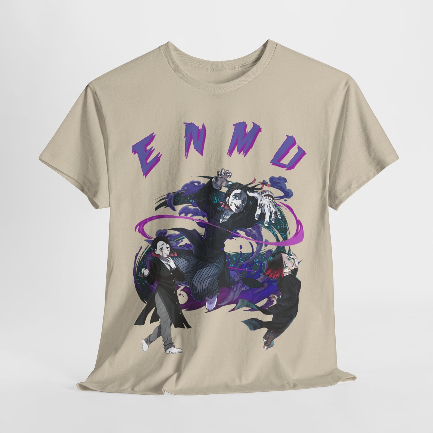 Artistic presentation of the Enmu-inspired T-shirt on a soft background, highlighting dynamic character illustrations and superior craftsmanship.