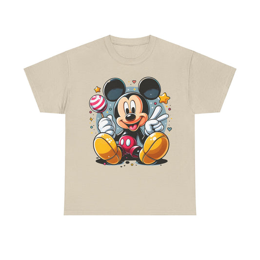 Elegant Mickey Mouse Unisex Graphic Tee Shirt in Beige with a whimsical graphic design, depicting Mickey Mouse happily holding a lollipop, perfect for all ages.