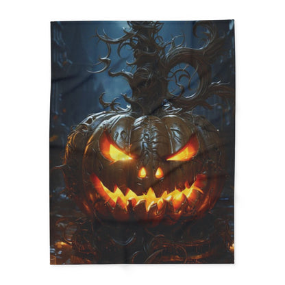 Chic Decorative and Warm Halloween Spooky Arctic Fleece Blanket illustrated with an intricately designed, fearsome jack-o'-lantern, adding a touch of luxury to your seasonal celebrations.