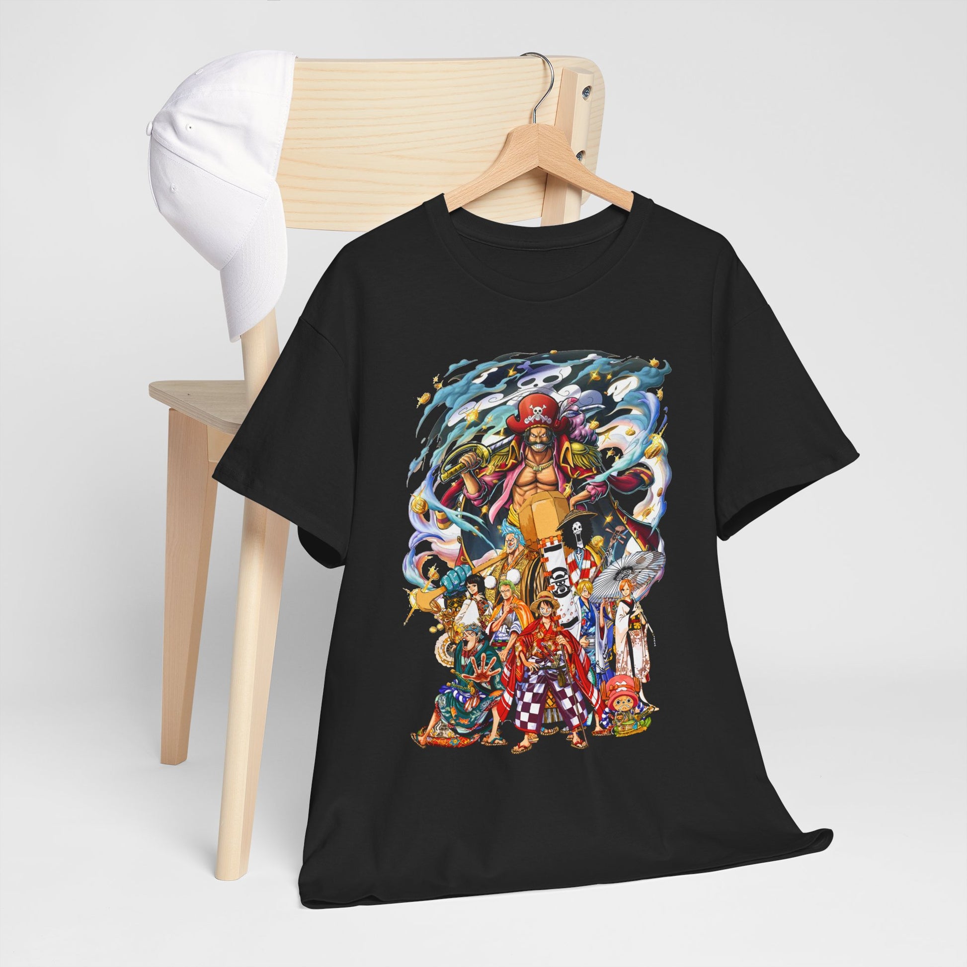 Chic Epic 1 Piece Adventure Men's T-Shirt displayed hanging alongside a cap, highlighting its striking anime design, suitable for casual outings or conventions.