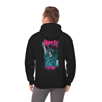 Stylish man wearing a black hoodie with a striking graffiti-style print of the Statue of Liberty on the back, embodying urban sophistication.