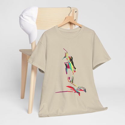 Chic beige graphic t-shirt featuring a stunning pop art illustration of a female silhouette, styled with a stylish cap on a chair.