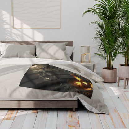 Beautifully arranged Decorative and Warm Halloween Spooky Arctic Fleece Blanket on a plush bed, adding a sophisticated touch to festive decor.
