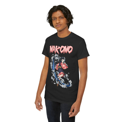Male model in a Makomo anime T-shirt, highlighting the eye-catching graphic design in a casual yet fashionable setting, perfect for casual outings.