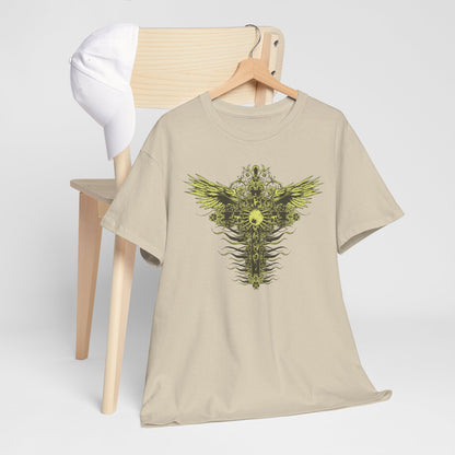 Refined men's t-shirt displayed on a wooden chair, showcasing a graphic design of a decorative cross with stylized wings, complemented by a classic white cap for an upscale look.