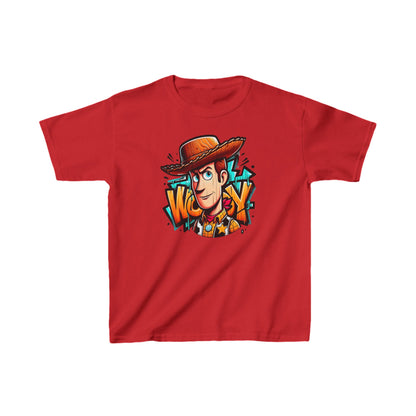 Unisex Children's Woody Toy Story Graphic Cotton Tee in striking red, adorned with a playful Woody character graphic, perfect for adventurous young fans.