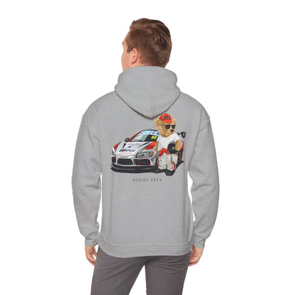 Stylish model wearing a light grey hoodie featuring a charming teddy bear racer design on the back, embodying fun and adventure.