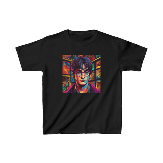 Kids Harry Potter Heavy Cotton Tee in black featuring a vibrant graphic design showcasing a young wizard, perfect for aspiring wizards seeking stylish comfort.