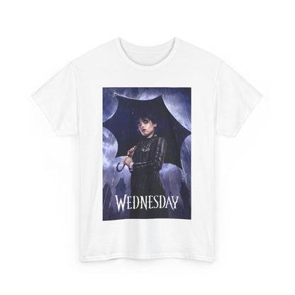 Luxury unisex graphic tee featuring 'Wednesday' Embrace the Dark Elegance design, showcasing a striking image inspired by the character Wednesday Addams holding an umbrella against a mystical stormy backdrop.