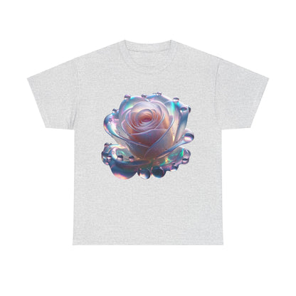 Ethereal Rose Tee Unisex Cotton Graphic T-Shirt with a beautiful iridescent rose motif on a soft grey background, merging sophistication and artistry.