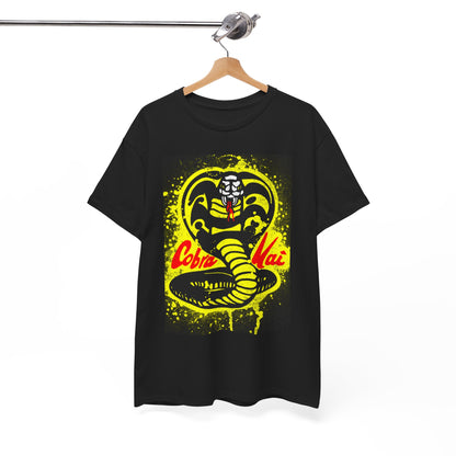 Sophisticated black Cobra Kai T-shirt displayed on a wooden hanger, featuring an appealing graphic design of a snake with bright yellow highlights, paired with classic red text for a refined look.