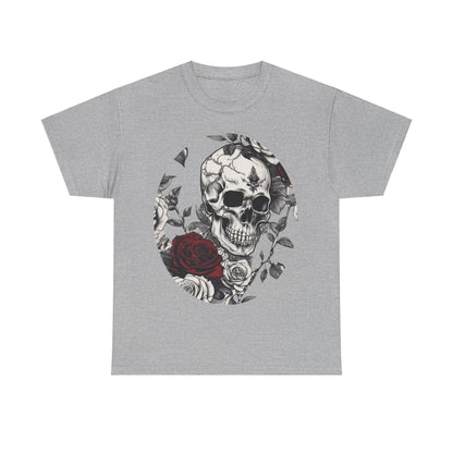 Skulls and Roses Cotton Tee - Unisex Graphic Shirt on a grey background, highlighting its unique steampunk design with detailed skull and rose artwork, a statement piece for alternative fashion.