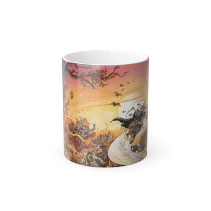 Discworld Soul Music Heat Change Coffee Mug featuring intricate artwork of a whimsical scene depicting bards, music notes, and magical elements. Transforming artistic ceramic mug designed for discerning geeks.