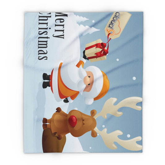 Charming Decorative and Warm Christmas Arctic Fleece Blanket showcasing Santa and a reindeer against a snowy backdrop, ideal for adding a touch of elegance to your winter festivities.