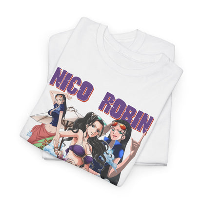 Luxurious white t-shirt featuring vibrant anime-inspired graphic design of three female characters, including Nico Robin, capturing a joyous beach vibe.