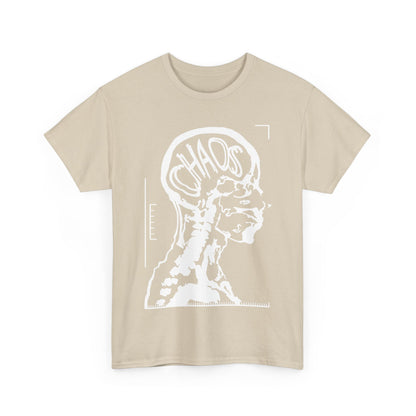 CHAOS Graphic Unisex T-Shirt in Premium Cotton, highlighting a sophisticated X-ray design in black and white on a neutral beige fabric.