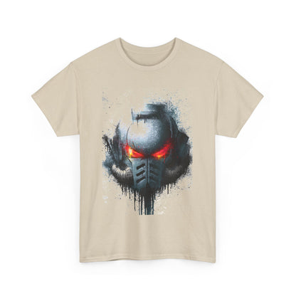 Luxury graphic t-shirt featuring a striking helmet design with fiery red eyes, suitable for both men and women, embodying a blend of style and nostalgia.