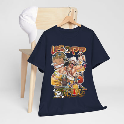 Tastefully arranged navy blue t-shirt with an enchanting design of Usopp alongside other anime characters, complemented by a chic cap, ideal for an upscale casual look.