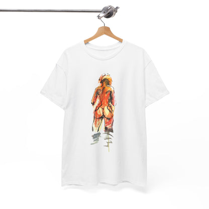 Stylish unisex t-shirt hanging on a wooden hanger, featuring an alluring artistic design that embodies creativity and elegance.