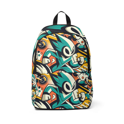 Trendy Fusion Ecliptic Reverie Backpack by Dazzling Dreams Studio showcasing intricate comic-inspired characters on a vibrant patterned backdrop, blending luxury with playful artistry.
