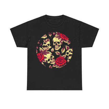 Elegant black Skulls and Roses Cotton Tee, highlighting captivating skulls entwined with roses, perfect for alternative fashion enthusiasts.
